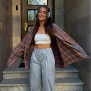 Blusa Feminina Vintage Xadrez, Lapela Manga Longa