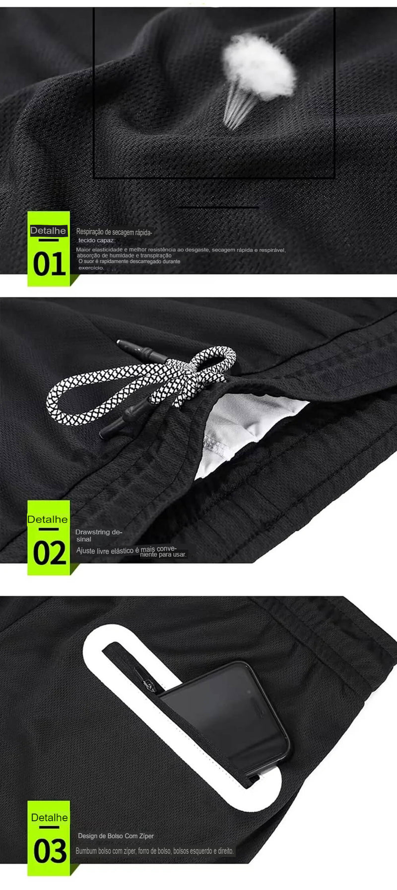 Shorts esportivos masculinos de dois andares